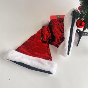 Festive Christmas hat featuring shimmering red sequins and soft white plush fur trim
