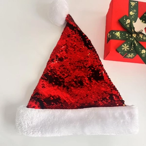 Classic red sequin Christmas hat with plush white trim and festive gift box decor