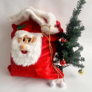 Large Christmas Plush Santa Claus Gift Bag Merry Christmas Embroidery Drawstring Candy Bag Holiday Party Decoration Storage Pouch