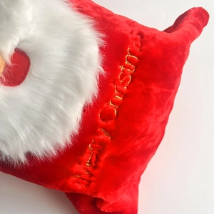 Red plush Christmas gift bag with white faux fur and golden Merry Christmas embroidery