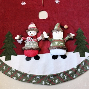 Red Christmas tree skirt with plush Santa and Snowman dolls, festive holiday floor decoration