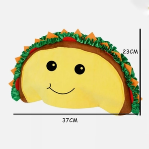 Cute plush Taco hat costume for Mexican parties featuring a smiling face, size 37x23cm