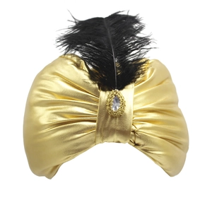 Exotischer goldener Sultans-Turban mit schwarzer Feder und Kristallstein-Verzierung