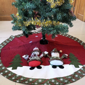 Classic red and white Christmas tree skirt featuring 3D Santa and snowman doll decorations