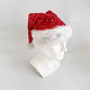 Sparkly red sequin Christmas hat with white plush trim displayed on a mannequin head