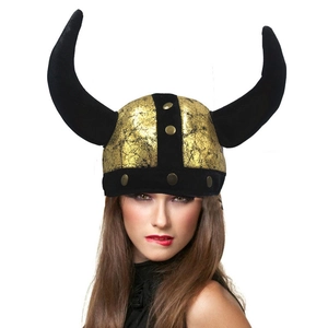 Close-up of Viking style helmet with golden texture, black horns and metallic rivets