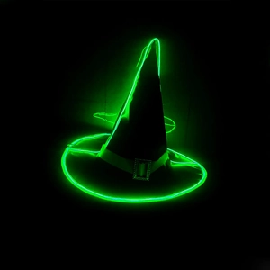 Luminous Halloween wizard hat with glowing green EL wire outline on black fabric base