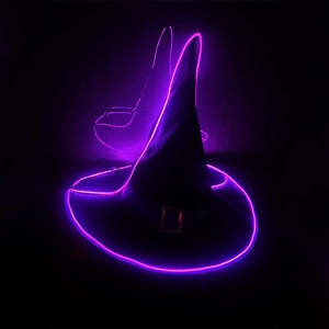 Luminous black wizard hat with purple LED glowing wire and square metallic buckle
