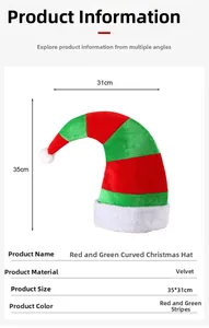 Détail du chapeau de Noël rayé rouge et vert montrant les dimensions de 35x31 cm