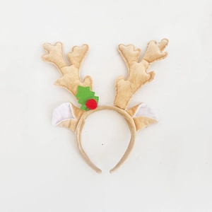 Serre-tête bois de renne de Noël en peluche kaki avec feuilles et baies rouges