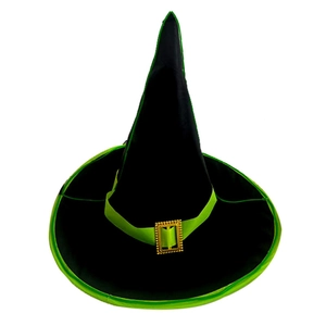 Classic black Halloween wizard hat with bright green ribbon and golden buckle decoration