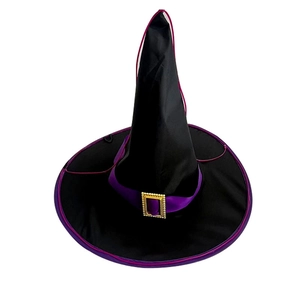 Detail showing the black wizard hat with purple ribbon and golden buckle for Halloween party