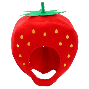 Funny red strawberry plush headwear hat with green leaves and yellow embroidery details
