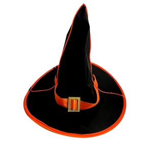 Detail of black Halloween wizard hat with bright orange trim and gold square buckle
