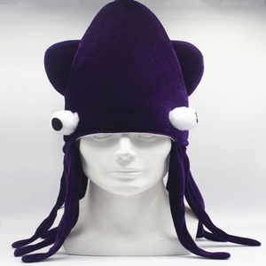 Front view of funny purple octopus plush hat with tentacles for costume parties
