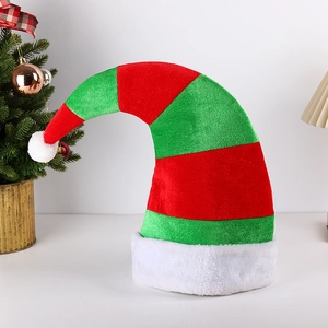 Bonnet D'Elfe De Noël À Rayures Rouges Et Vertes Chapeau De Père Noël Incurvé En Velours Accessoire De Déguisement De Fête