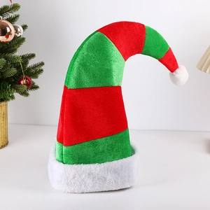 Chapeau de lutin de Noël rayé rouge et vert avec bordure en peluche et pompon blanc
