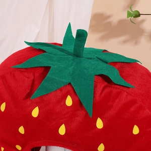 Cute strawberry plush headwear hat with red velvet fabric and green felt leaf details
