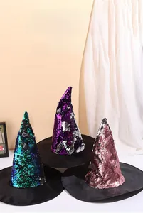Detail view of reversible sequin witch hats in blue, purple, and red for party costumes