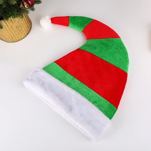 Bonnet de Noël lutin à rayures rouges et vertes avec bordure en peluche et pompon blanc