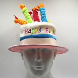 Detail of plush birthday cake hat with colorful candles and Happy Birthday embroidery