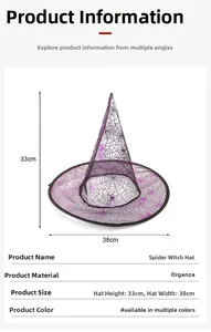 Tabella taglie cappello da strega in organza viola con ragnatela per Halloween