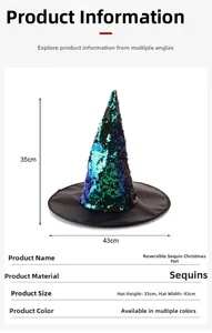 Detail view of reversible sequin wizard hat showing dimensions 35cm height and 43cm width