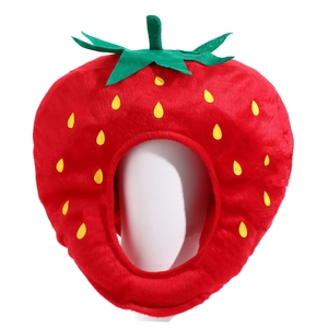 Plush strawberry-shaped funny headwear and photo prop in vibrant red and green colors