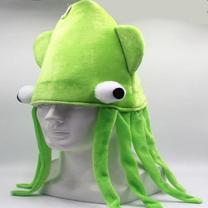 Detailed side view of a funny green octopus party hat featuring large cartoon eyes and tentacles