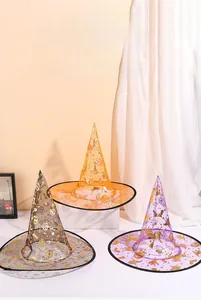 Three Halloween witch hats in black, orange and purple with gold pumpkin star patterns