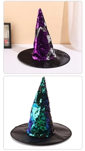 Detail of flip sequin witch hats in purple, silver and teal for Halloween party