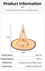 Detailed sizing of organza witch hat with golden Halloween prints for party dress-up