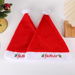 Plush Christmas Hat With Father Embroidery And Holly Pattern Red Festive Hat For Christmas Party Family Celebration