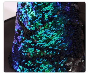 Detail shot of shimmering flip sequins on a wizard hat with blue and green gradients