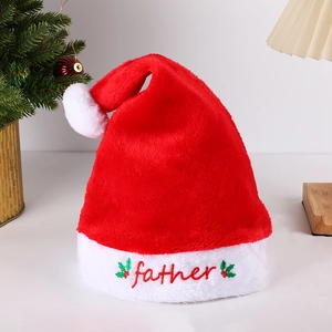 Classic red plush Christmas hat with white fur trim and embroidered Father text for parties