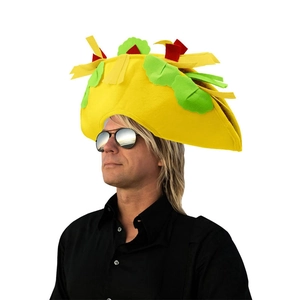 Detailed close-up of a funny Mexican Taco party hat featuring colorful felt toppings