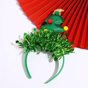 Cerchietto con albero di Natale verde glitterato, pompon rossi e stella dorata per feste