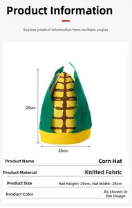 Vue détaillée du chapeau de maïs jaune indiquant une hauteur de 29 cm et largeur de 28 cm