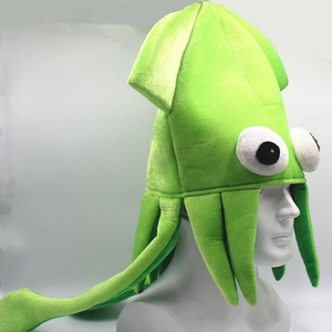 Detail shot of bright green plush octopus hat with tentacles and big cartoon eyes