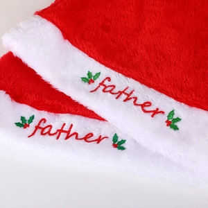 Classic plush red and white Christmas hat with Father embroidery and holly berry pattern