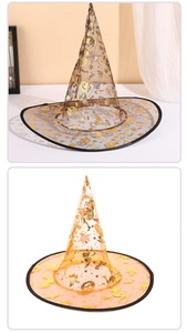 Detail of Halloween witch hats in black and orange mesh with golden pumpkin and bat patterns