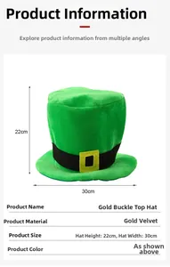 Detailed view of the St. Patrick's Day gold velvet top hat with 22x30cm size specs