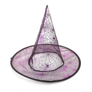 Cappello da strega Halloween in organza nera con motivi a ragnatela viola e punta