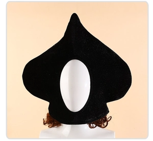 Detail of soft black spade plush headgear for Halloween cosplay and poker themed parties