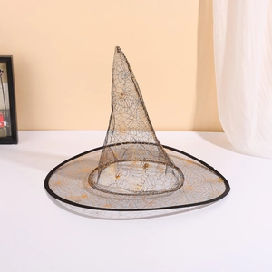 Cappello da strega di Halloween in rete nera con motivo a ragnatela dorata e tesa