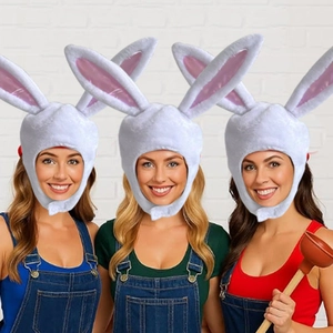 Detailed view of white plush bunny ear hats with soft fabric and pink inner lining