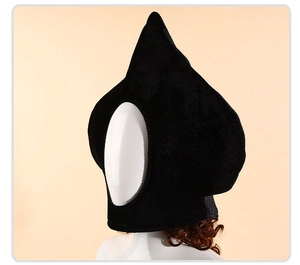Detailed view of black velvet pointed cosplay hood with soft texture for Halloween
