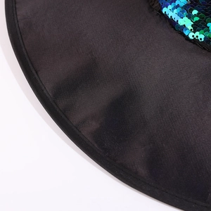 Wizard hat with shiny teal blue sequins on a wide black brim for party costumes
