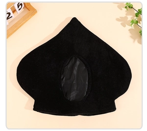 Detailed view of the black spade-shaped costume hat with soft fabric and mesh eye opening