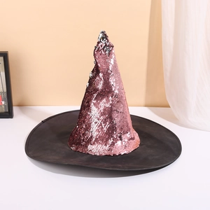 Glittery purple sequin witch hat with black wide brim for Halloween costume props